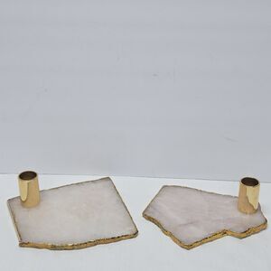 Pair Anthropologie Agate Natural Stone Gilded Gold Edge Candle Holders Boho